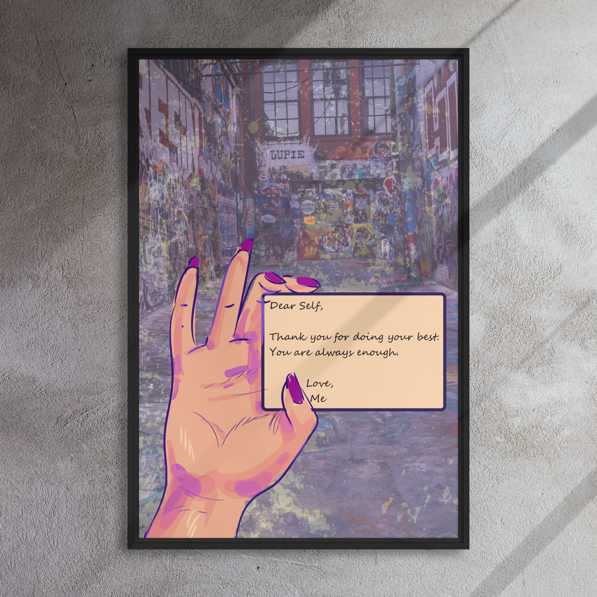A poster showing a woman's hand holding a piece of Empowering 'Self Love Letter' Mixed Media Graffiti Art, radiating self love and empowerment.