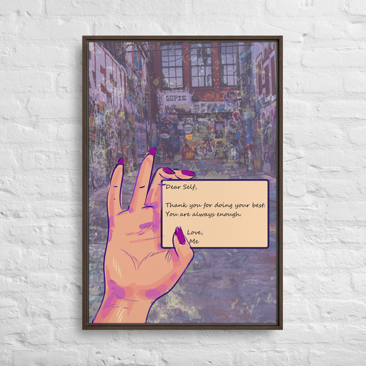 A poster depicting Empowering 'Self Love Letter' Mixed Media Graffiti Art - Printable Wall Art Quotes to Inspire Self-Compassion with a hand holding a piece of paper.