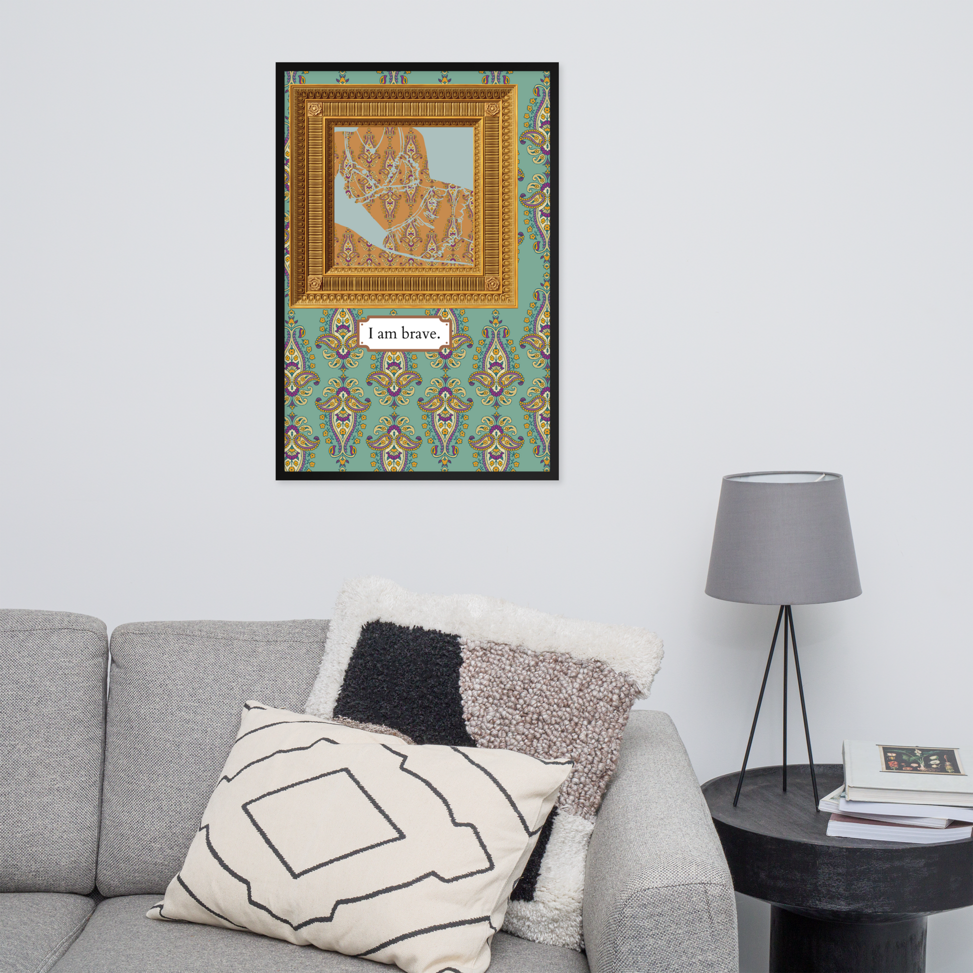 A living room with a framed I Am Brave Affirmation: Empowering Printable Wall Art for a Spiritual Decor Aesthetic.