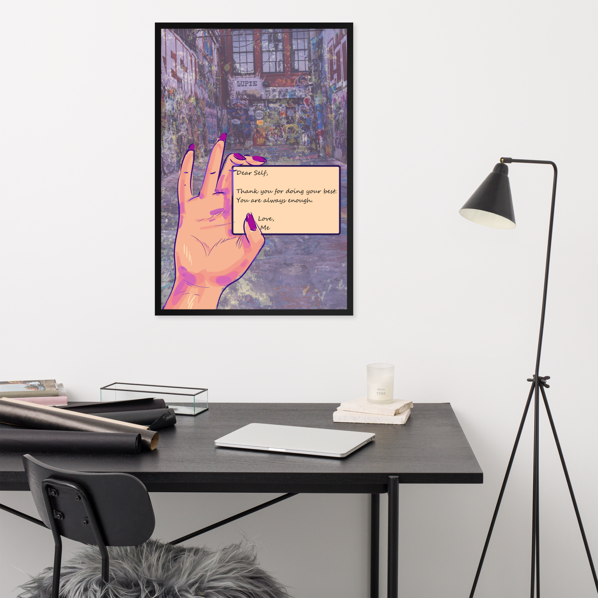 A framed art print of a hand with an Empowering 'Self Love Letter' mixed media graffiti art for self-love.