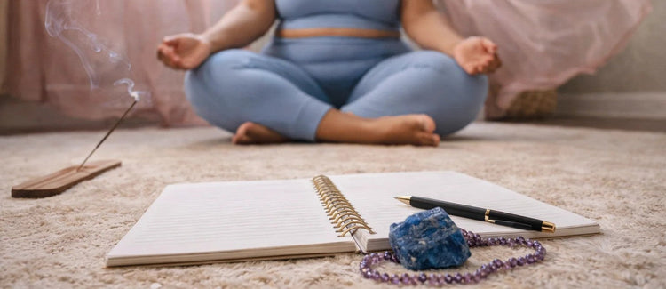 woman meditating with journal and crystal incense burning