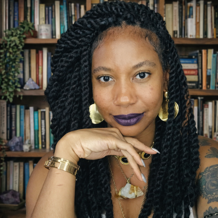Woman with braided hair in a library setting