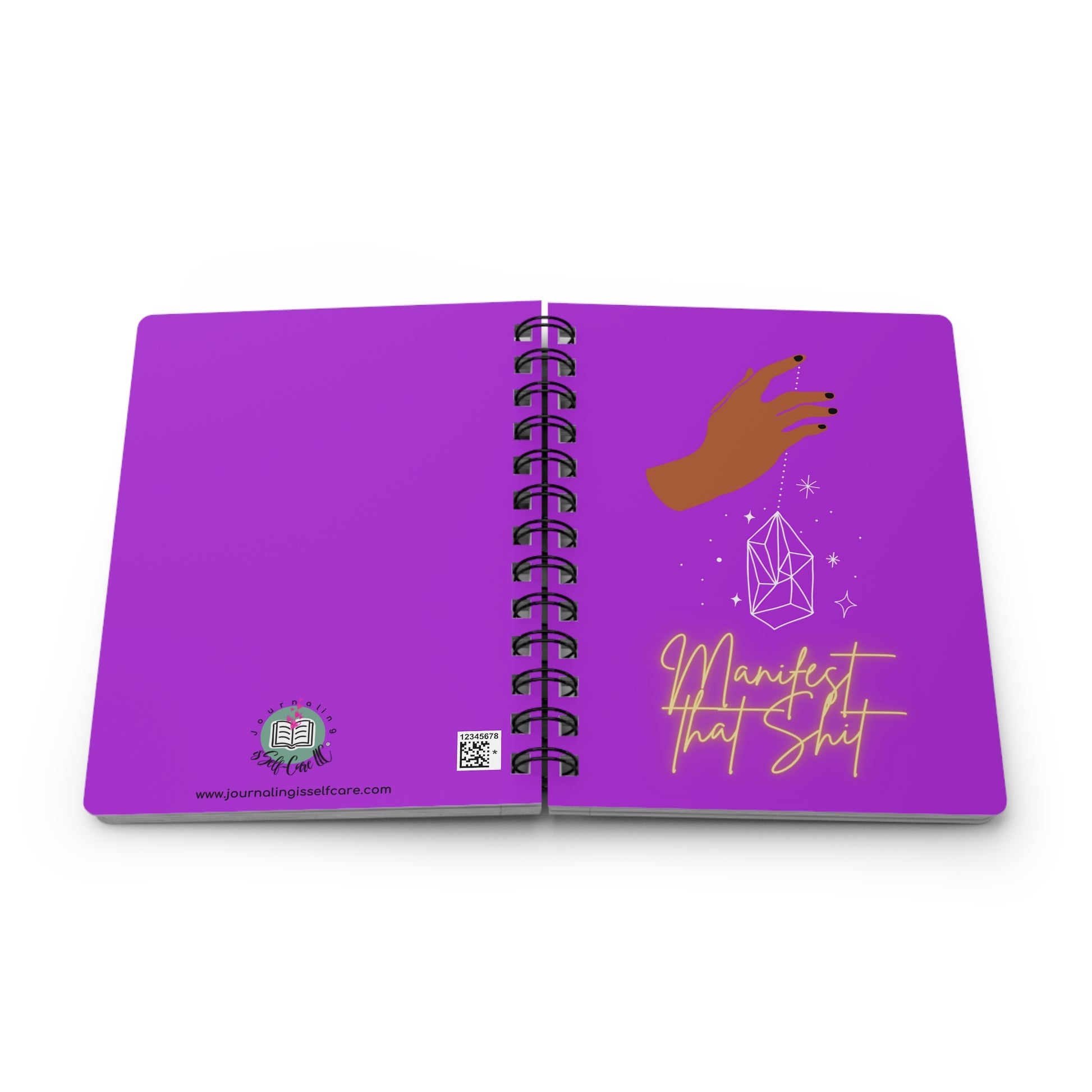 A purple spiral notebook decorated with an image of a hand, perfect for your "Manifest That Shit" Manifesting Journal for Scripting's mindset and law of attraction practices.