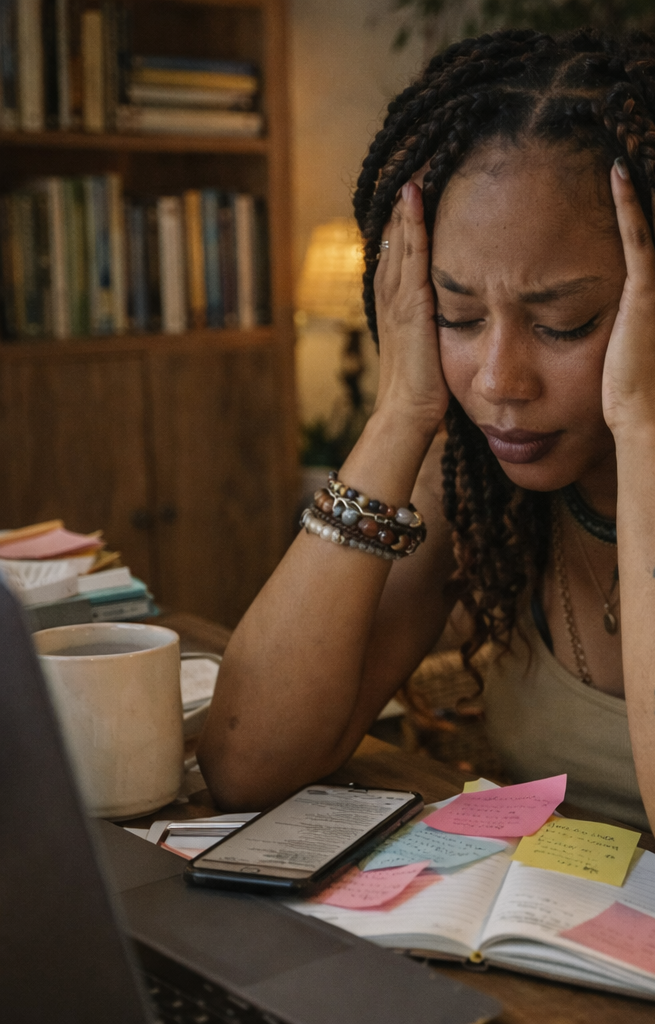 Woman with braided hair sitting at a desk with a laptop, phone, and books in a home office setting.