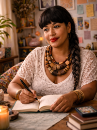 Woman sitting at a table with a notebook and pen, surrounded by books and a candle.