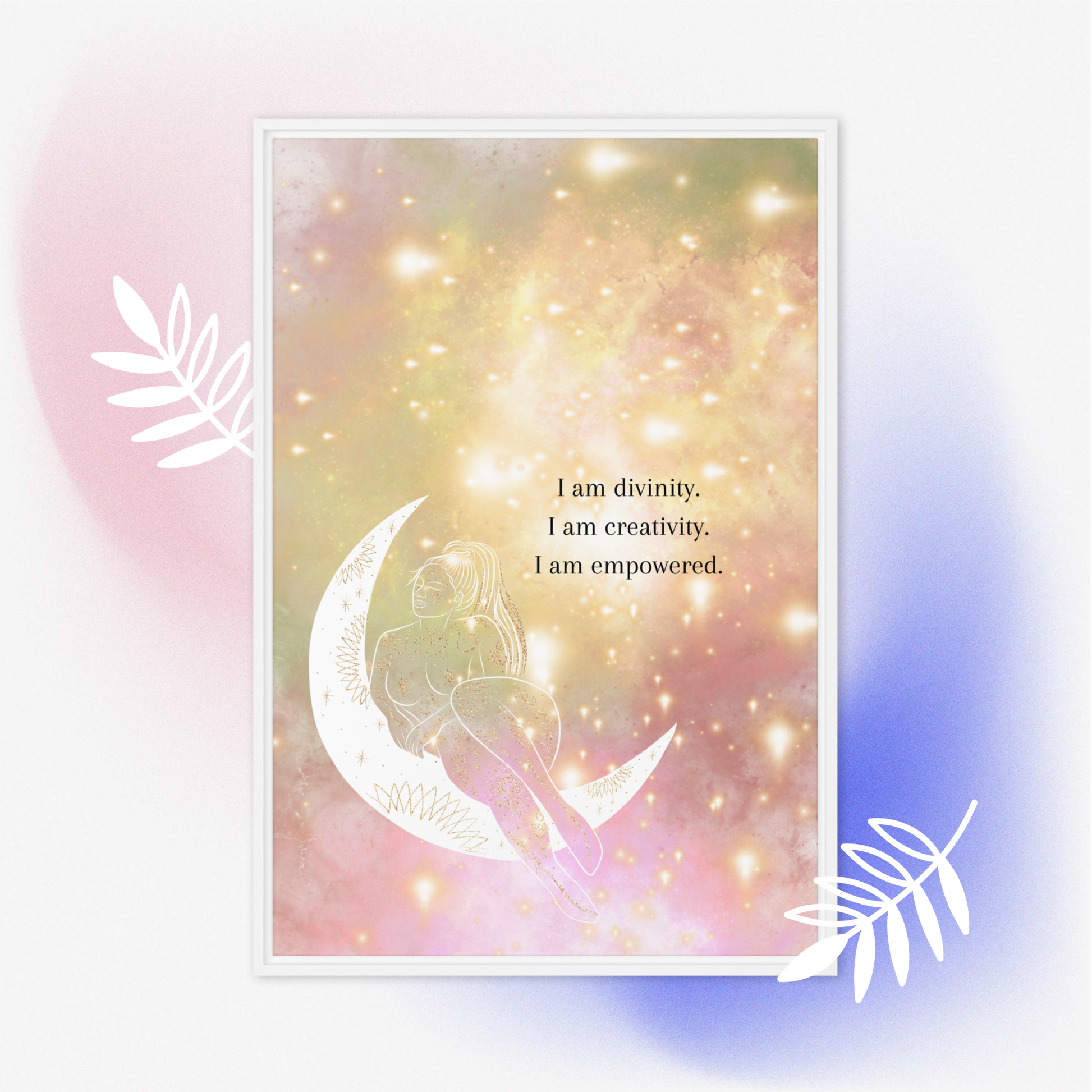 A Confidence Manifestation Affirmation Printable Wall Art featuring the moon and leaves, perfect for affirmations.