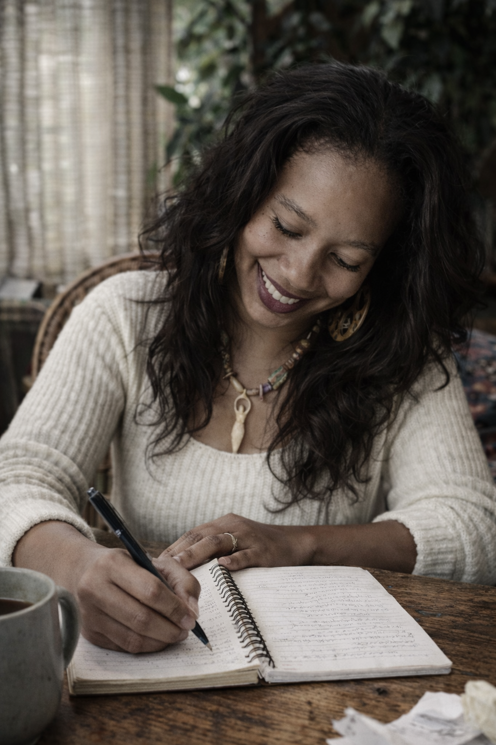 Woman writing in a notebook with a mug on a wooden table