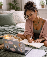 Woman sitting on a bed with a laptop and notebook, surrounded by cozy decor.