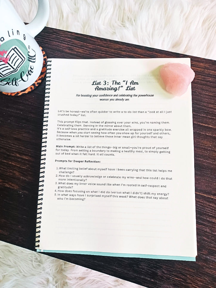 Notebook page with 'I am Amazing!' list on a wooden surface