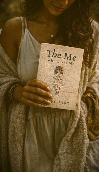 Person holding a book titled 'The Me Who Loves Me' by FRIDA ROSE against a warm-toned background.