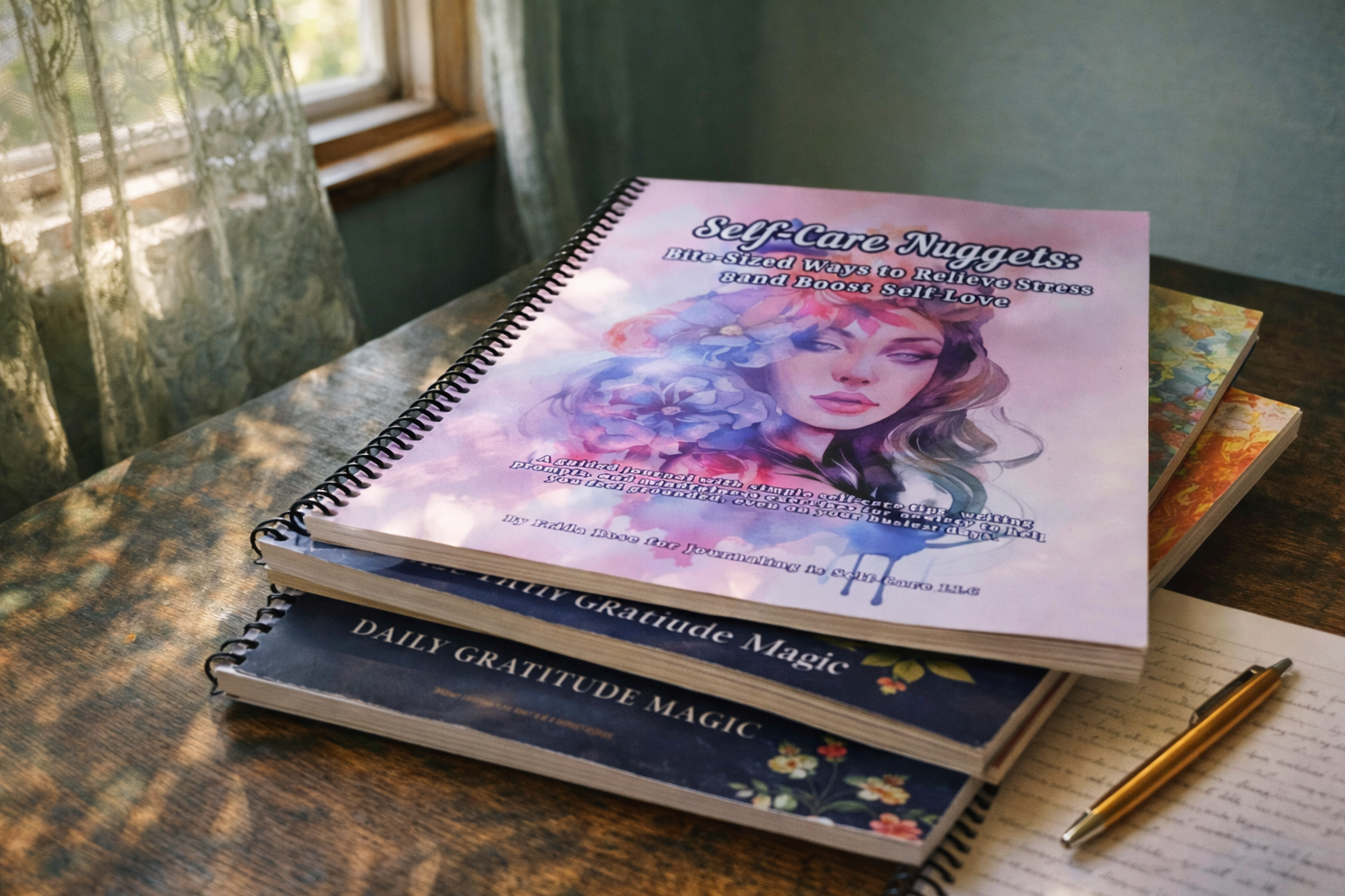 Two books titled 'Daily Gratitude Magic' and 'Software Nuggets' on a wooden table with a pen next to them.