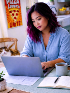 Woman working on a laptop at a table with a coffee cup and notebook.