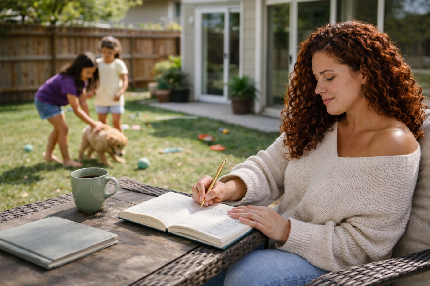 Woman writing in a notebook outdoors with children playing in the background