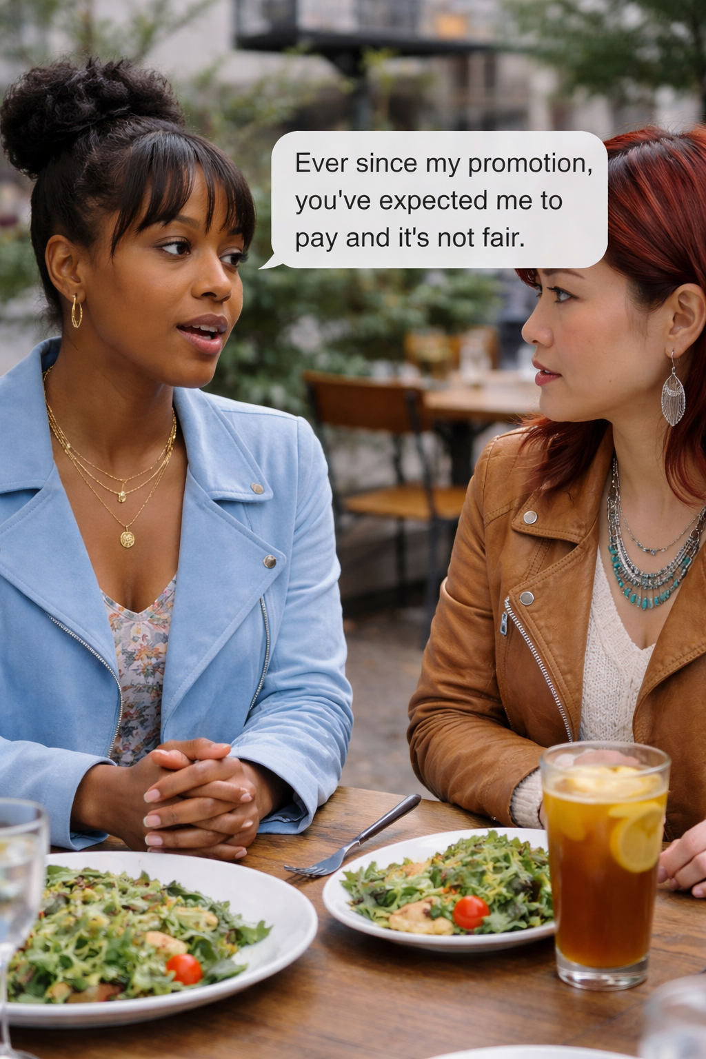 Two women sitting at a table with food and drinks, engaged in a  boundary setting conversation.