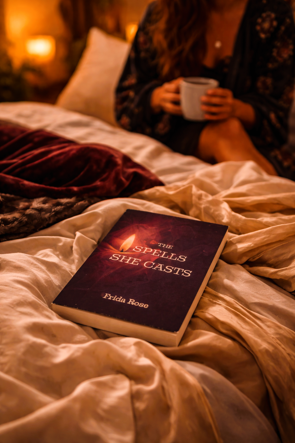 book called the spells she casts by frida rose sitting on a bed with silk sheets a woman in the background
