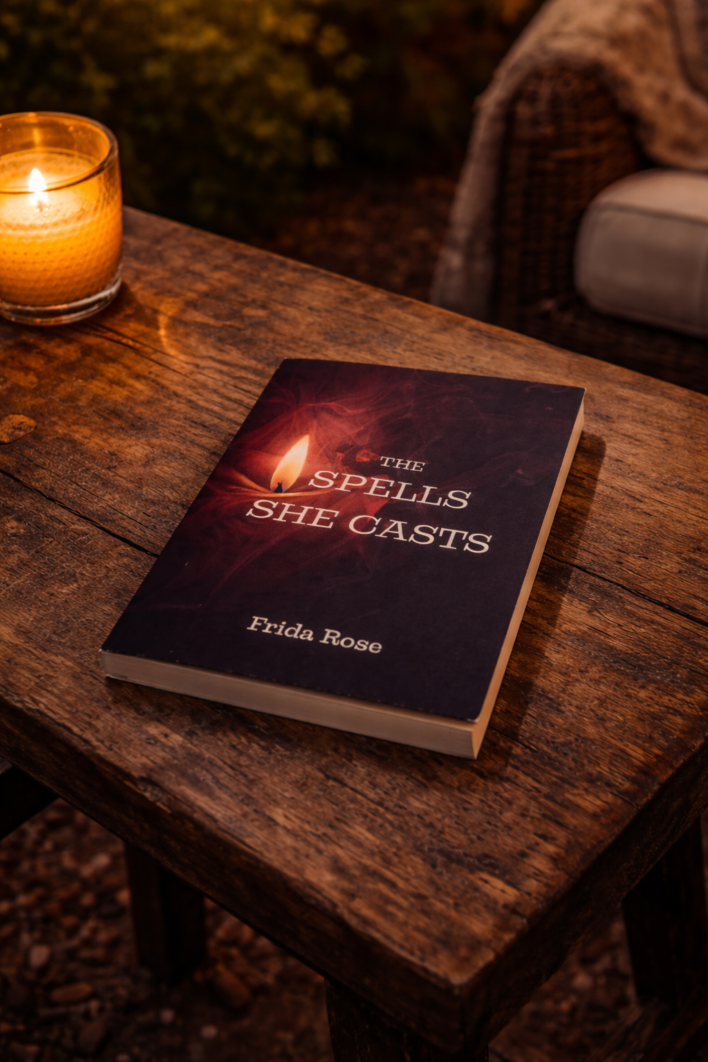 Book titled 'The Spells She Casts' by Frida Rose on a wooden table with a candle in the background.