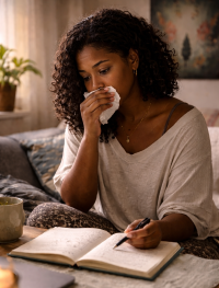 Woman sitting on a couch, writing in a journal with a tissue in her hand, in a cozy indoor setting.