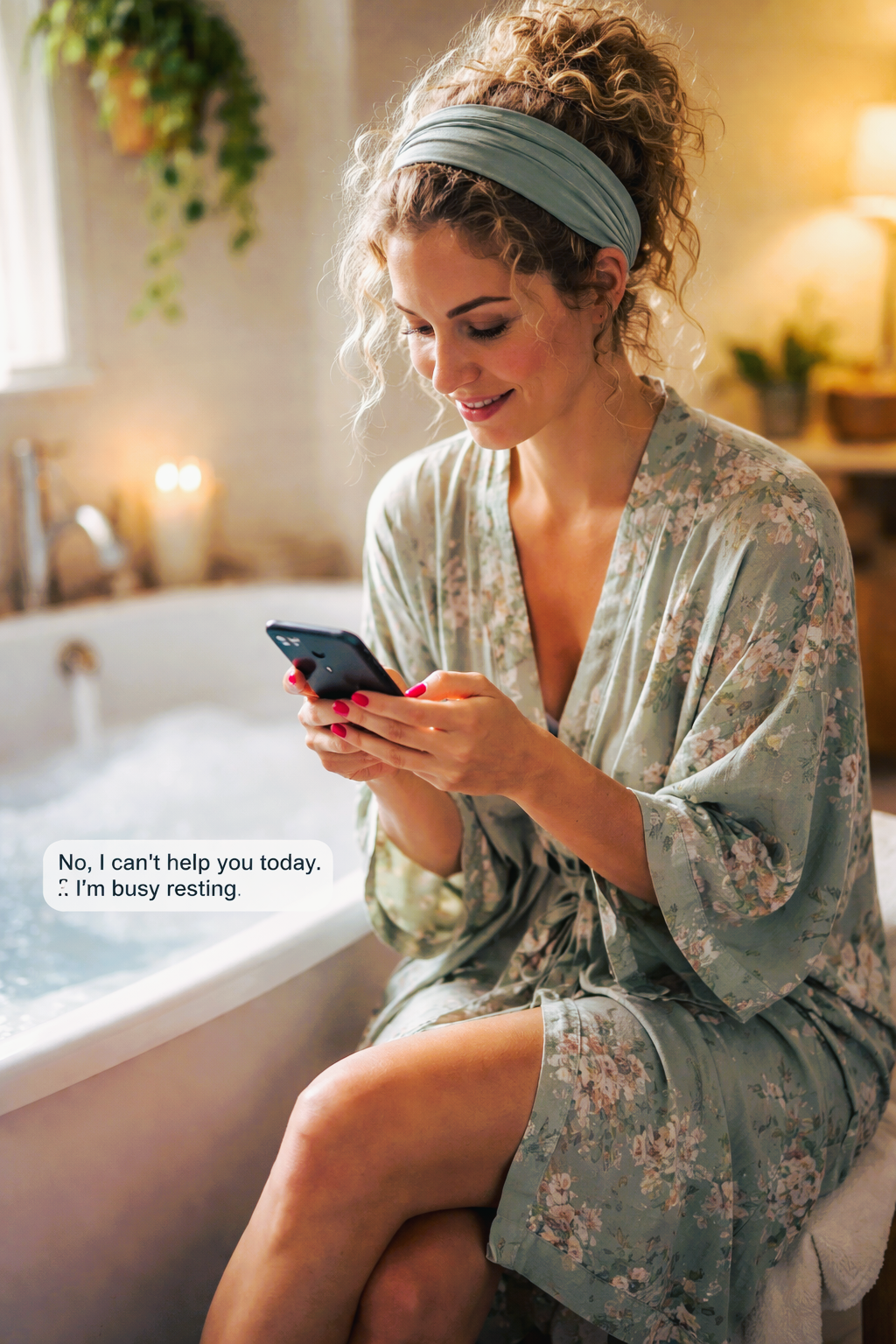 Woman in floral robe sitting by a bathtub using a phone with a boundary setting text overlay.