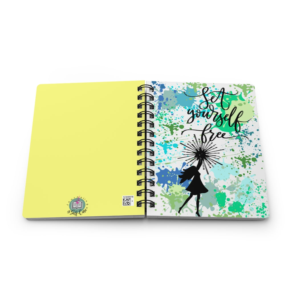 A "Set Yourself Free" Paint Splatter Journal with an illustration of a girl holding a dandelion, perfect for manifestation.