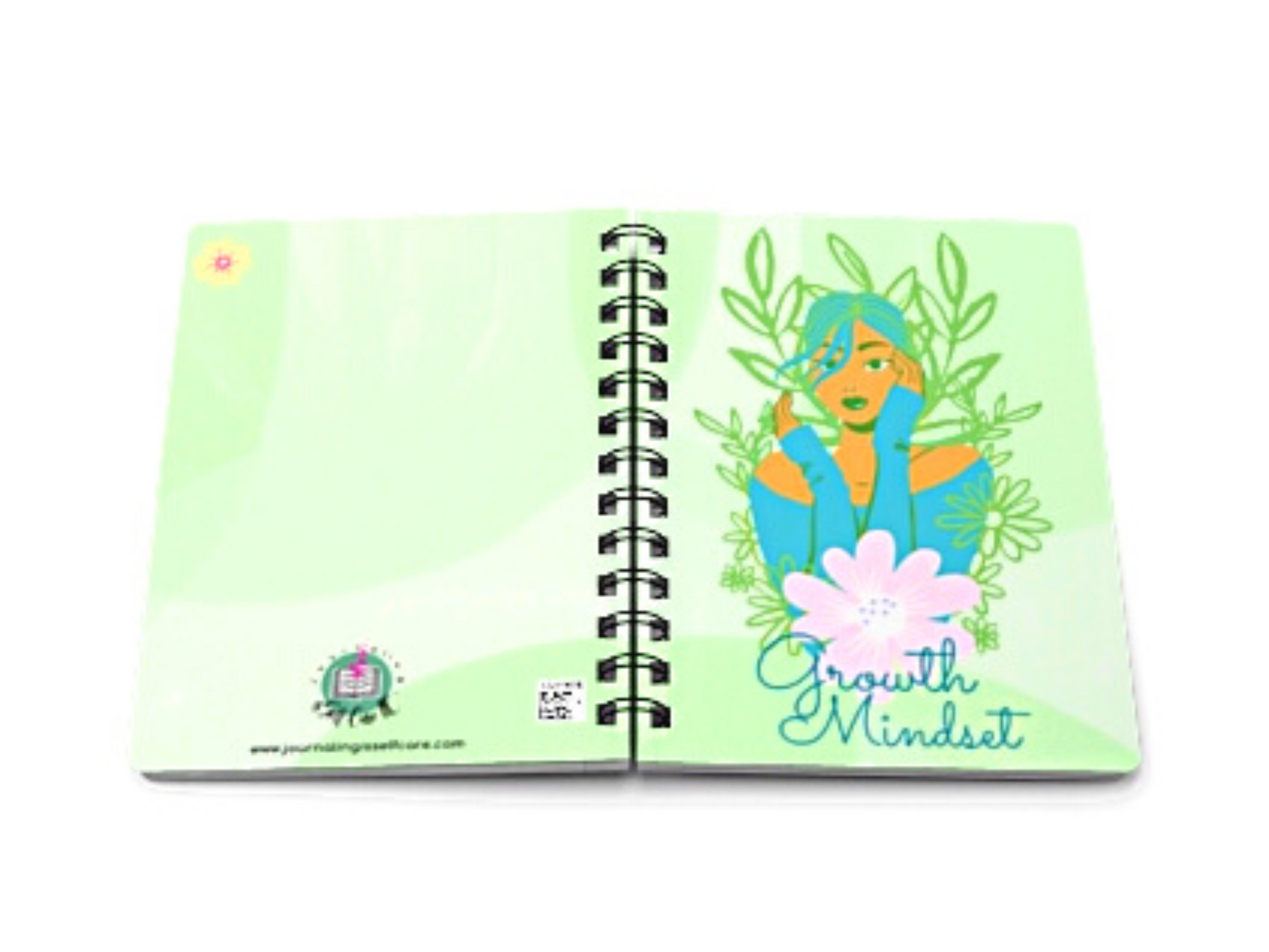 A "Growth Mindset" Inspirational Journal for Success and Self Improvement with an illustration of a woman in a green flower on the cover.