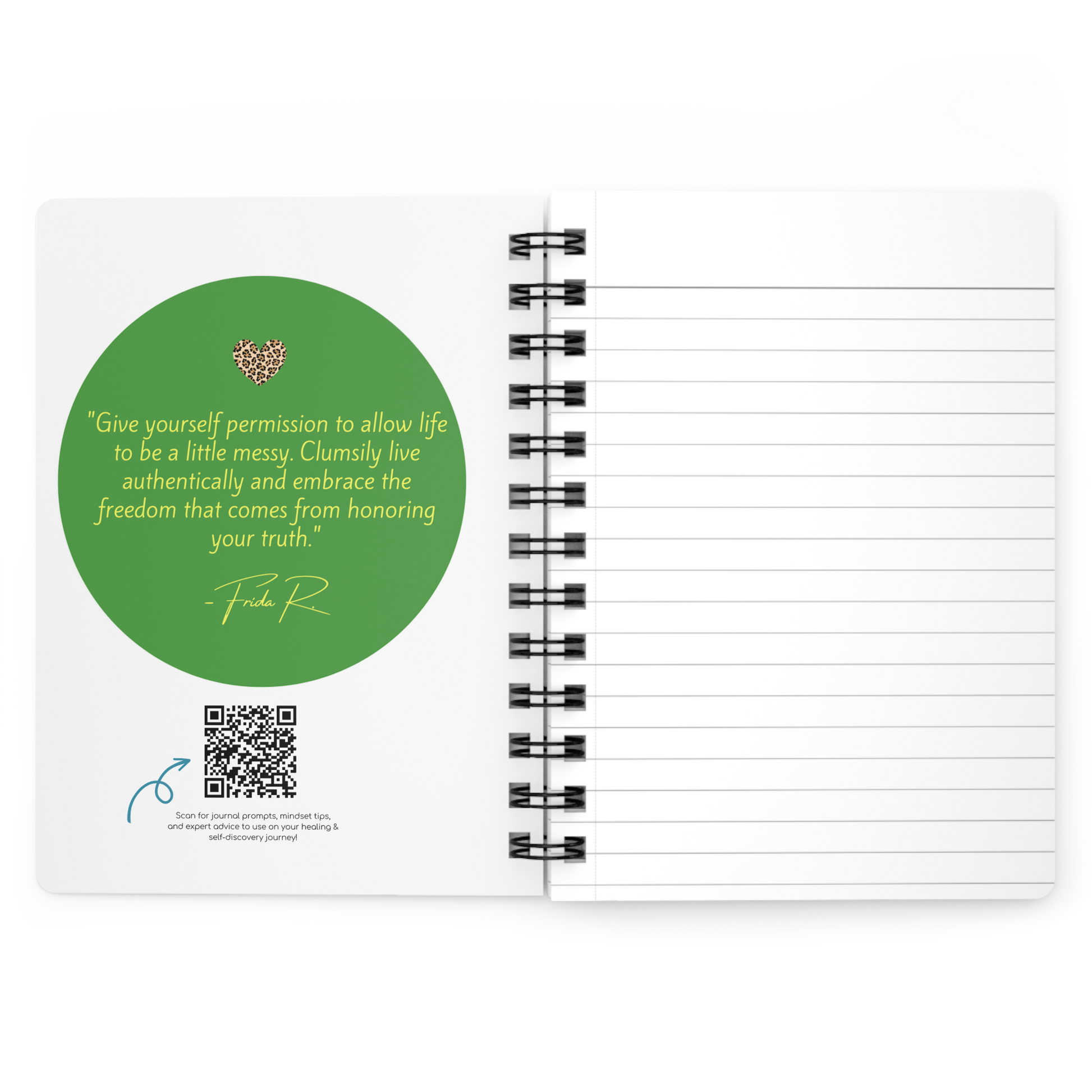 A green spiral notebook with the "Believe in Your Dreams" Inspirational Black Girl Magic Journal logo on it.