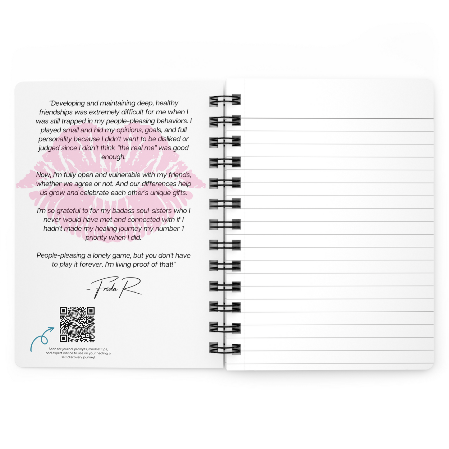 A pink spiral notebook adorned with the "Empowered Women Empower Women" Women's Empowerment Journal.